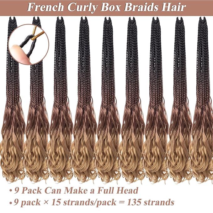 9 Packs French Curl Crochet Braids 14 Inch Goddess Box Braids with Bouncy Wavy Ends Crochet Hair Ombre Brown Honey Blonde Pre Looped Synthetic French Curly Braiding Hair for Women Kids