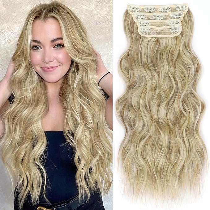 ALXNAN Clip In Hair Extensions,Dirty Blonde Long Wavy Hair Extensions 20 Inch 4PCS Thick Hairpieces for Women