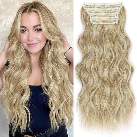 ALXNAN Clip In Hair Extensions,Dirty Blonde Long Wavy Hair Extensions 20 Inch 4PCS Thick Hairpieces for Women