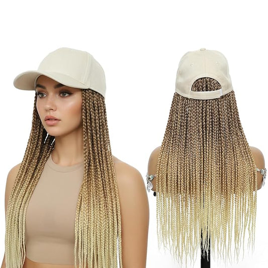 Hat Wig for Women Baseball Cap with blonde Braided Hair Attached 18inch long Synthetic Box Braid Wig Hat Adjustable Cap with ombre brown blonde light blonde Braids for Daily Outdoor Use