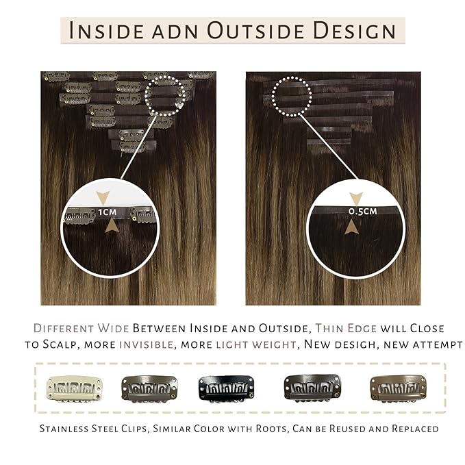 Caliee 22 Inch Seamless Hair Extensions Human Hair B2/6 Dark Brown Fading to Chestnut Brown Ombre Clip in Hair Extensions Real Hair 110G Invisible Weft Straight 7Pcs