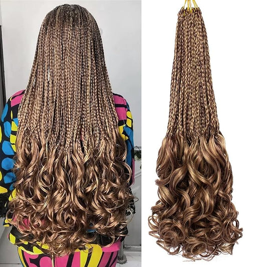 9 Packs 24 Inch French Curl Crochet Braids Blonde Mix Brown Pre Looped Bohemian Crochet Box Braids with Curly Ends Synthetic Bouncy French Curl Braiding Hair for Women