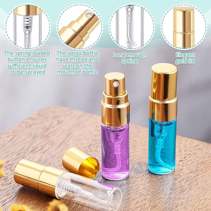 Zhehao 50 Pcs Mini Spray Bottles 3 ml Clear Glass Perfume Bottles Refillable Fine Mist Perfume Atomizer Portable Empty Sample Containers for Cleaning, Essential Oils, Travel (Gold Cap)