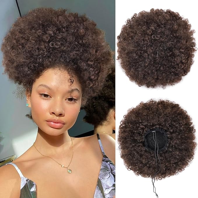 AISI QUEENS Afro Puff Ponytail for Black Women Kinky Curly Afro Ponytail Synthetic Hair Puffs, Deep Brown Afro Bun Drawstring Ponytail for Women Girls(2-33#)