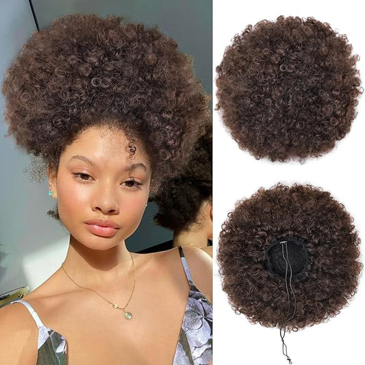 AISI QUEENS Afro Puff Ponytail for Black Women Kinky Curly Afro Ponytail Synthetic Hair Puffs, Deep Brown Afro Bun Drawstring Ponytail for Women Girls(2-33#)