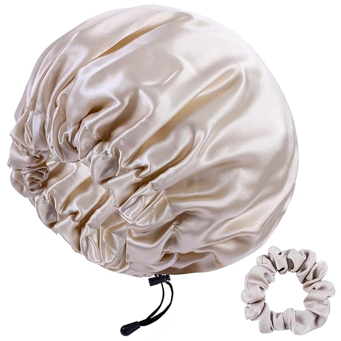 RedJoe 22 Momme 100% Mulberry Silk Bonnet Hair Wrap for Sleeping, Adjustable Silk Scrunchies Sleep Cap for Women Men Hair Care, Head Scarf Night Caps with Elastic Stay On Head, 1Pc(Beige,Beige)