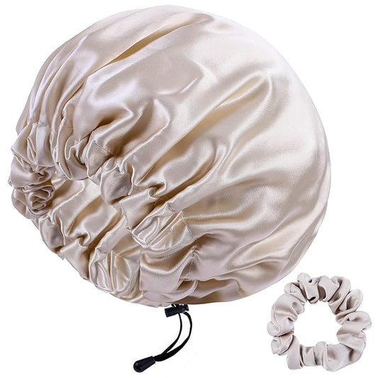 RedJoe 22 Momme 100% Mulberry Silk Bonnet Hair Wrap for Sleeping, Adjustable Silk Scrunchies Sleep Cap for Women Men Hair Care, Head Scarf Night Caps with Elastic Stay On Head, 1Pc(Beige,Beige)