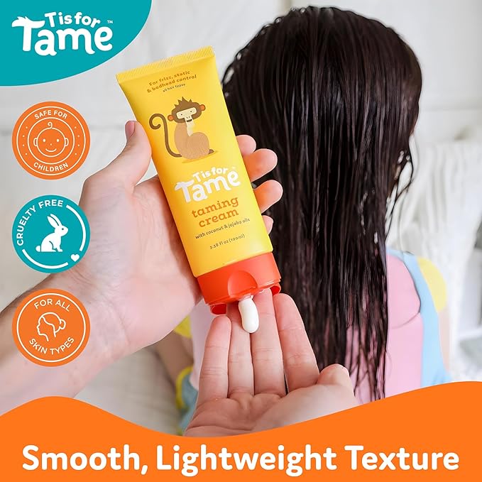 T is for Tame - All-Natural Hair Taming Cream for Kids, Frizz & Flyaway Control, Coconut Oil & Jojoba Leave-In, Safe for Babies & Toddlers, Non-Greasy, 3.38 Fl Oz (Bundle of 2)