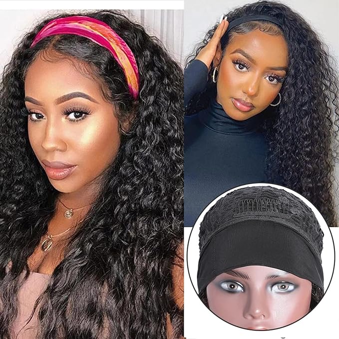 ISEE Headband Wig Human Hair Kinky Curly Human Hair Wigs for Black Women Glueless None Lace Front Wigs 180% Density 16inch