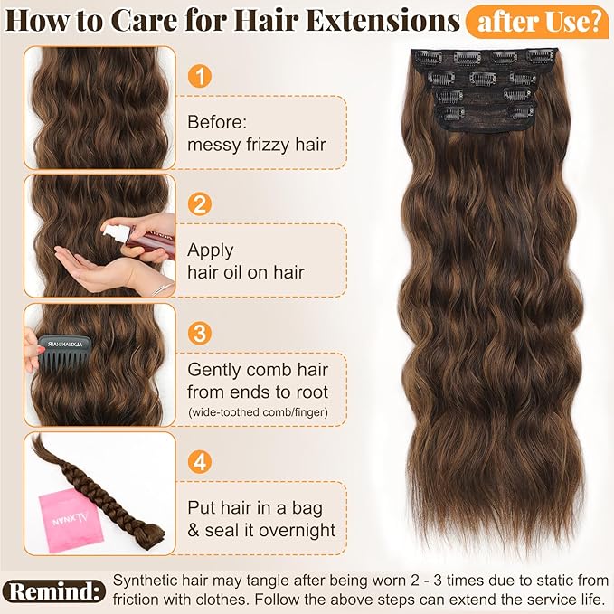 ALXNAN Clip in Long Wavy Synthetic Hair Extension 24 Inch Brown with Caramel Highlights 4PCS Thick Hairpieces Fiber Double Weft Hair for Women