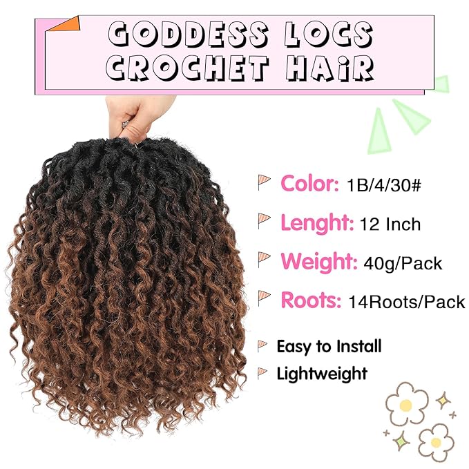 Fulcrum Goddess Locs Crochet Hair 12 Inch, 8 Packs New Faux Locs Crochet Hair for Black Women, Crochet locs with Curly Ends (12Inch (Pack of 8), 1B/4/30#)