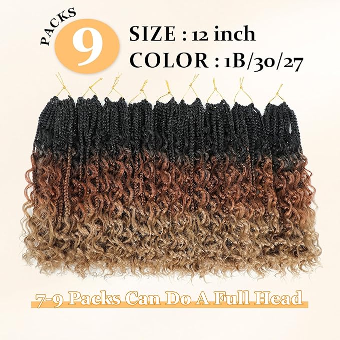 9 Packs Goddess Box Braids Crochet Hair Boho Crochet Box Braids With Curly Ends Crochet Hair For Black Women,12 Inch Pre Looped Bohemian Crochet Box Braids Hair (12Inch 9Packs,1B/30/27)