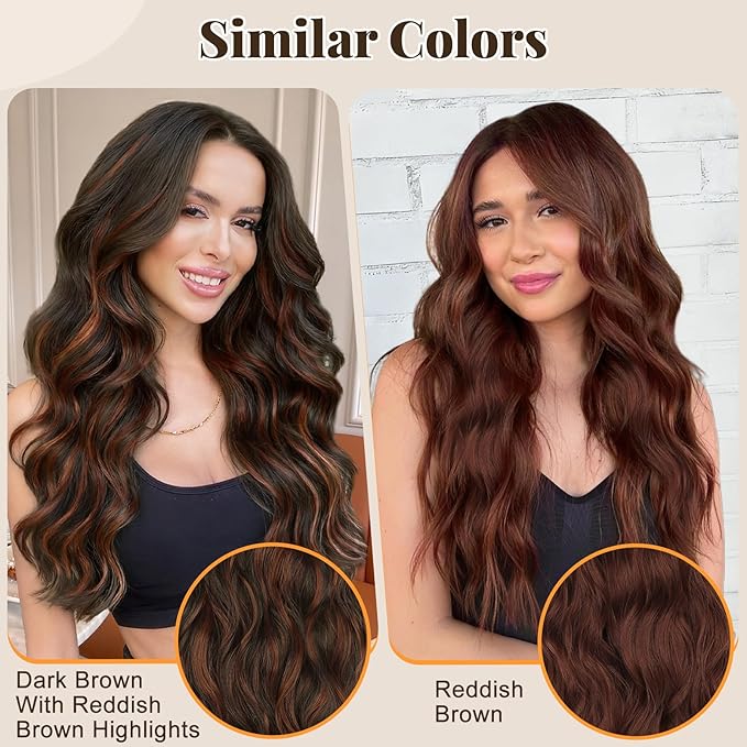 ALXNAN Clip in Long Wavy Synthetic Hair Extension 24 Inch Dark Brown with Reddish Brown Highlights 4PCS Thick Hairpieces Fiber Double Weft Hair for Women