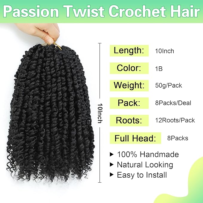 Passion Twist Crochet Hair 10 inch 8 Packs，Passion Twist Hair, Pre-Twisted Passion Twist Crochet Hair for Black Women Passion Twist Curly Crochet Hair…
