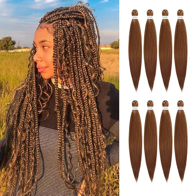 Pre-stretched Braiding Hair - 16 Inch 8 Packs Brown Short Braiding Hair For Twist or Box Braids, Yaki Texture Hot Water Setting Synthetic Braiding Hair Extensions (16 Inch, 30-8P)