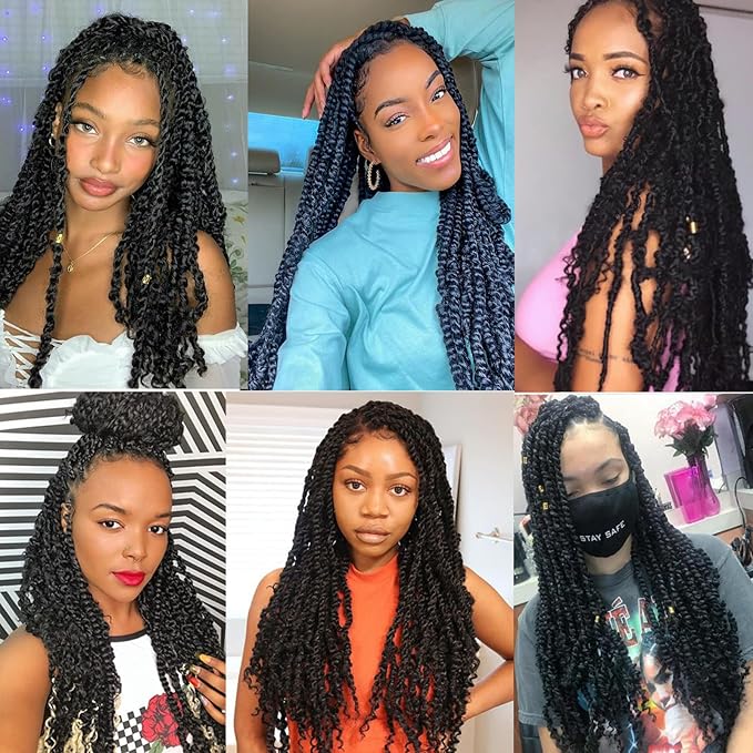 132 strands Passion Twist Hair Water Wave Black Color Curly Crochet Braids For Bomb Twists Goddess locs 18inch Long Bohemian Curl Synthetic Braiding Hair Extensions (18inch, 1B)