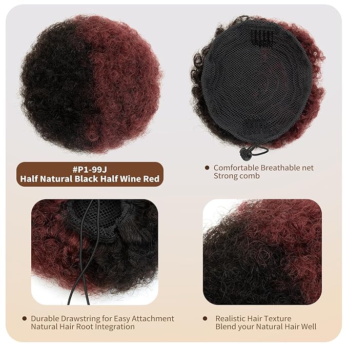 Drawstring Afro Puff Real Human Hair Ponytail for Black Women Kinky Curly Ponytail Extension Natural 4c Ponytail Buns Fake African American Puffs Afro High Wigs Half Natural Black Half Wine Red 50g