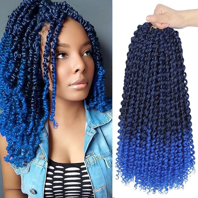 14 Inch Ombre Blue Passion Twist Hair, Water Wave Crochet Hair For Women Passion Twist Crochet Hair 22 Strands/Pack Bohemian Synthetic Curly Braiding Hair Extensions (14 Inch (Pack of 7),1B/Blue)