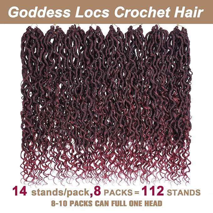 COOKOO Bohemian River Faux Locs Synthetic Braids Hair 18 Inch 8 Packs Burgundy Red Goddess Locs Hair with Curly Ends Ombre River Locs Crochet Braiding Hair for Women Boho Style Crochet Braids Tbug#