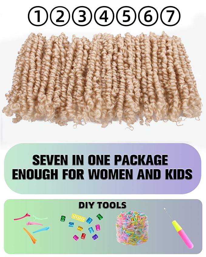 Super Short Passion Twist Crochet Hair for Black Women and Kids-6 Inch 7 Packs Blonde Pre Looped Pre-twisted Passion Twist Hair,Bob Spring Kinky Twist Bohemian Curl(6"-7P,613#)