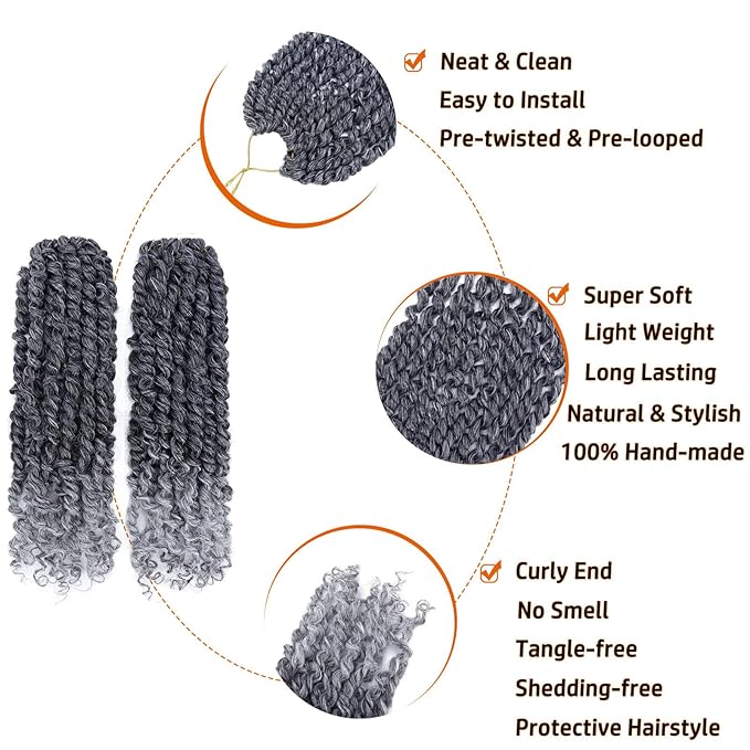 Passion Twist Hair 14 Inch Pre-twisted Passion Twist Crochet Hair for Women Pre-looped Water Wave Crochet Braids Bohemian Curly Crochet Hair Synthetic Hair Extensions 8 packs 1B/Gray