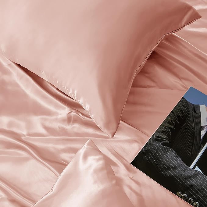 Rose Gold Satin Pillowcase Queen Size Set of 2 for Hair and Skin, Rose Gold Silk Pillowcase Breathable Pillowcase with Envelope Closure