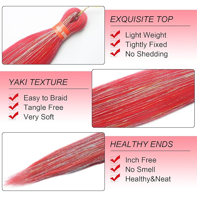 Sparkling Red Pre Stretched Braiding Hair 30 Inch Glitter Box Braid Hair Extensions Shinny 3 Packs Yaki Texture Pre Feathered Festival Braids Hair