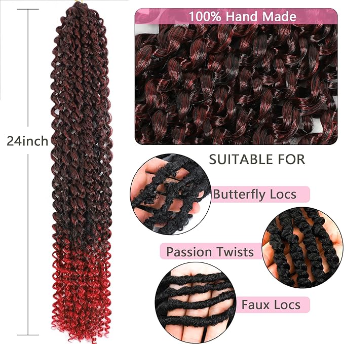 Alrence Passion Twist Hair Red 24 Inch 8 Packs Water Wave Crochet Hair Curly Braiding Hair For Butterfly Locs Long Bohe Crochet Braids (24 Inch (Pack of 8), 1B/Red)