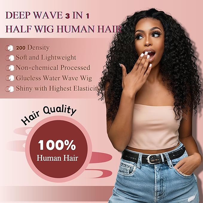 Deep Wave Half Wig Human Hair 18inch Wear and Go Glueless Curly Wig 200% Density 3 In 1 Seamless Flip Over Drawstring No Headband Wig for Black Women Beginner Friendly Natural Color