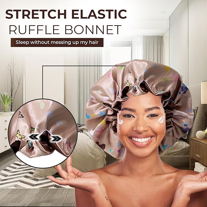 Discover Premium Ruffle Silk Satin Sleeping Bonnets Hair, Moisture Retention, and All-Night Comfort.