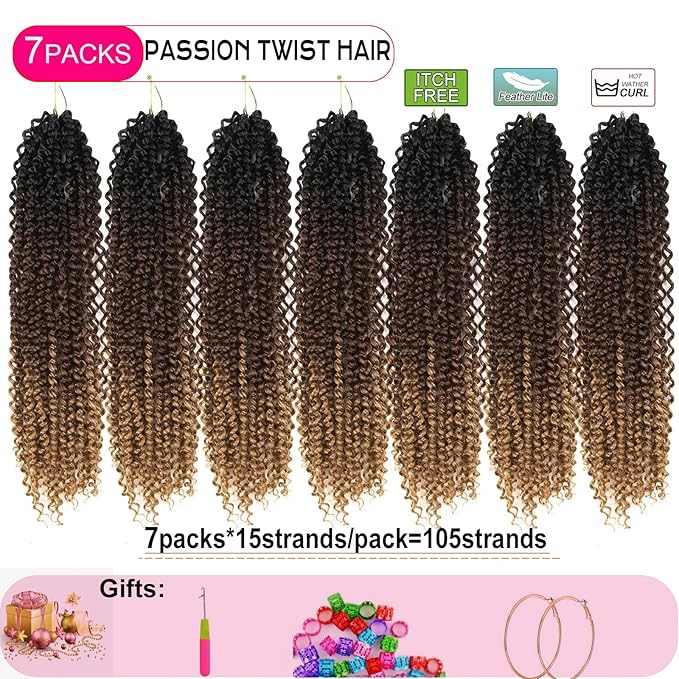 Passion Twist Hair 18 Inch 7 Packs Water Wave Crochet Hair Black Wrap Braiding Hair For Passion Twist Crochet Hair/Butterfly Locs/Spring Twist Crochet Braids Boho Hair Extension (18 Inch, 1B/30/27#)