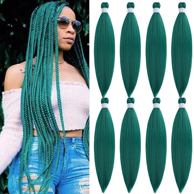 Pre Stretched Braiding Hair Green Kanekalo Teal Braiding Hair Pre Stretched Colored Hair Extensions for Braiding Box Braids Hair Knotless Prestretched Braiding Hair 26 inch
