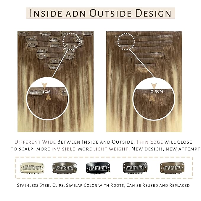 Caliee PU Clip in Hair Extensions Real Human Hair 22Inch Soft Thick Straight Clip in Hair Extensions Human Hair B8/60A Light Brown to Platinum Blonde Remy Human Hair Clip in Hair Extensions 110G