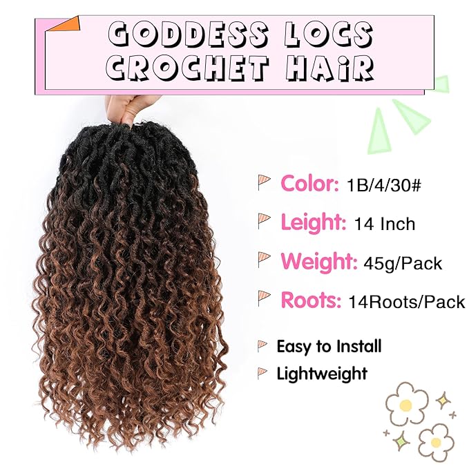 Fulcrum Goddess Locs Crochet Hair 14 Inch, 8 Packs New Faux Locs Crochet Hair for Black Women, Crochet locs with Curly Ends (14Inch (Pack of 8), 1B/4/30#)