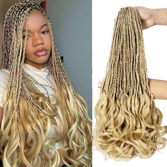 French Curl Crochet Braids 20 Inch 8 Packs Goddess Box Braids Crochet Hair Pre Looped Crochet Box Braid with Curly Ends Synthetic French Curly Braiding Hair Extensions P27/613