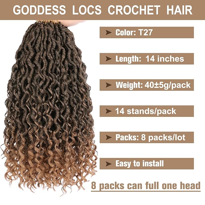 COOKOO 14 Inch Ombre Blonde Curly Crochet Goddess Locs Braids Hair 8 PCS Boho Faux Locs Crochet Hair 14 Strands/Pack Pre-curled Hippie Locs Hair River Locs Synthetic Crochet Braids Hair T27#