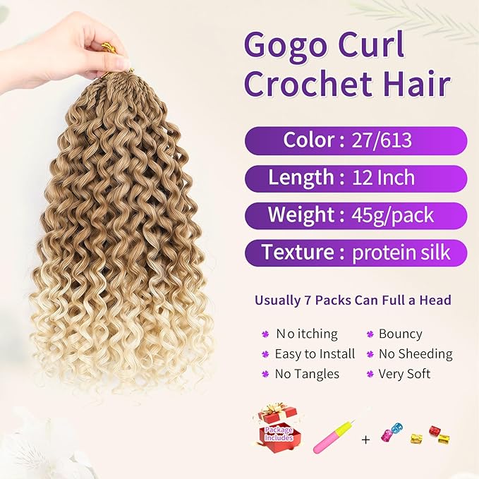 Gogo Curl Crochet Hair 7 Packs Pure Protein Fiber Close to Human Hair Pre looped Water Wave Crochet Hair Deep Twist Synthetic Braiding Hair for Women (P27/613, 12Inch)
