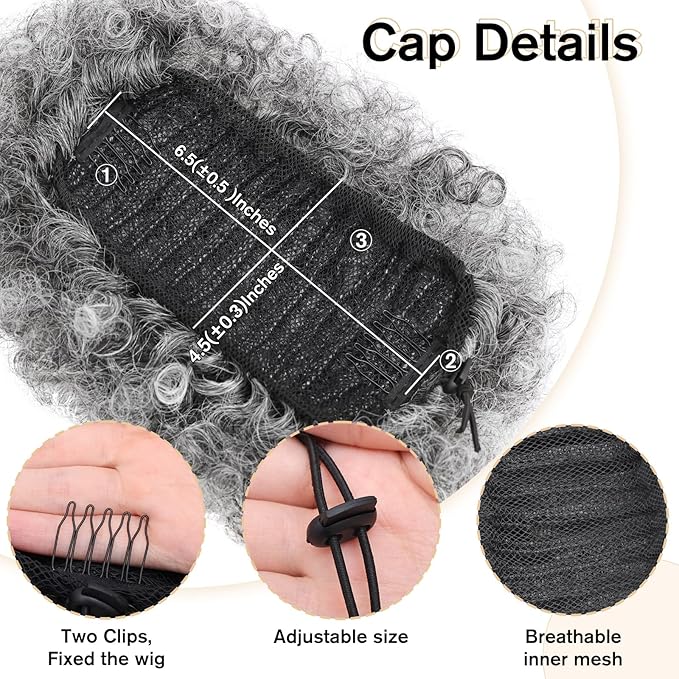AISI QUEENS Afro Puff Drawstring Ponytail Extension for Black Women, Ombre Gray Faux Buns Short Kinky Curly Hair Ponytail Hair Extension Updo Wrap Fiber Wig(Tgray#)
