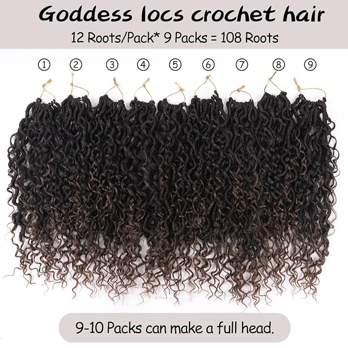 Goddess Locs Crochet Hair,Vemet 14 Inch 9 Packs Synthetic Faux Locs Crochet Hair for Black Women,River Locs Hair Extensions Boho Style Pre looped Faux Locs with Curly Ends