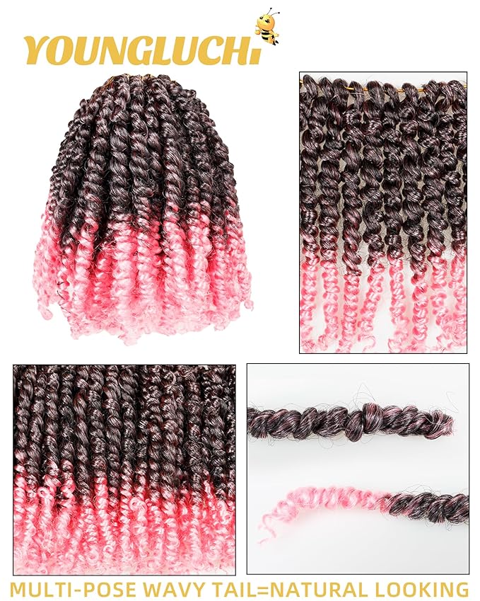 Super Short Passion Twist Crochet Hair for Black Women and Kids-6 Inch 7 Packs Ombre Pink Pre Looped Pre-twisted Passion Twist Hair,Bob Spring Kinky Twist Bohemian Curl(6"-7P,TPink)