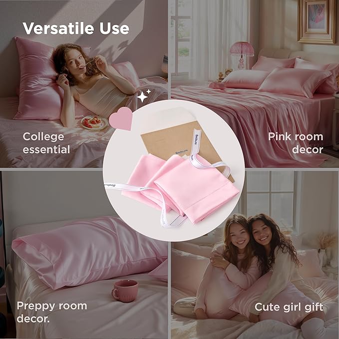 Bedsure Satin Pillowcase for Hair and Skin Queen, Similar to Silk Pillow Cases, Pillow Cases Set of 2 with Envelope Closure, Pink Room Decor Essentials,Pink Gifts for Women Girls 20x30 Inches, 2pcs