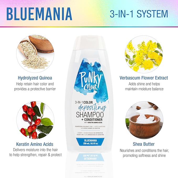 Punky Colour 3-in-1 Color Depositing Conditioner & Hair Cleanser - Bluemania, Semi Permanent Hair Color Conditioner, Long-Lasting Hair-Dye, 8.5 fl oz.