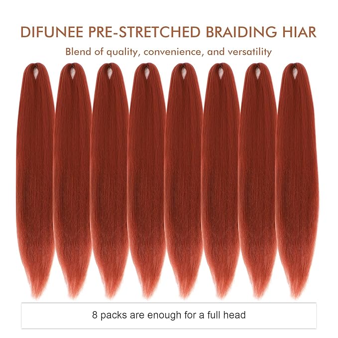 Pre-stretched Braiding Hair - 18 Inch 8 Packs Orange Copper Braiding Hair For Twist or Box Braids, Yaki Texture Hot Water Setting Synthetic Braiding Hair Extensions (18 Inch, 350#-8P)