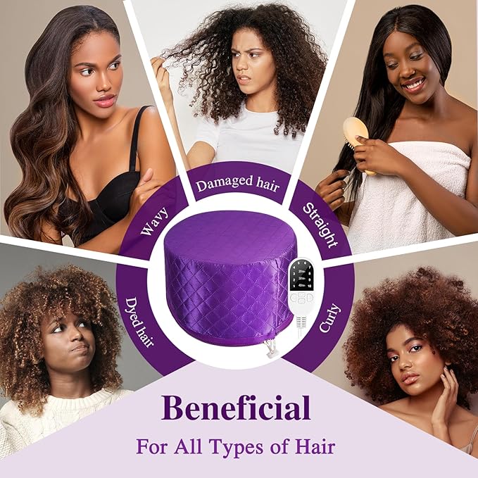 Thermal Steam Cap for Natural Hair Treatment: 10-Level Heating Cap for Deep Conditioning and Hair Steaming - Quick Heat-Up, Purple