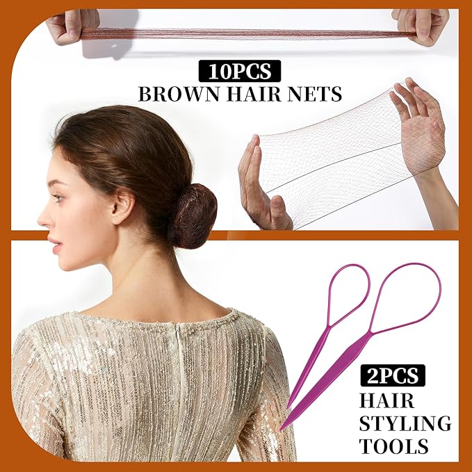 Teenitor Bobby Pins Hair Pins Hair Net Kit, 227 Bobby Pins for Women U Shaped Hair Pins, Hair Nets for Buns Spiral Pins, Hair Ties and 2 Hair Styling Tools for Women Girls Dance Ballet Brown