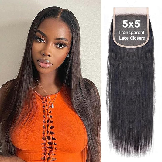 5x5 Transparent HD Lace Closure Human Hair Straight Lace Closure Unprocessed Virgin Human Hair Invisible Lace Frontal Closure Pre Plucked with Baby Hair Natural Black Color 14 inch