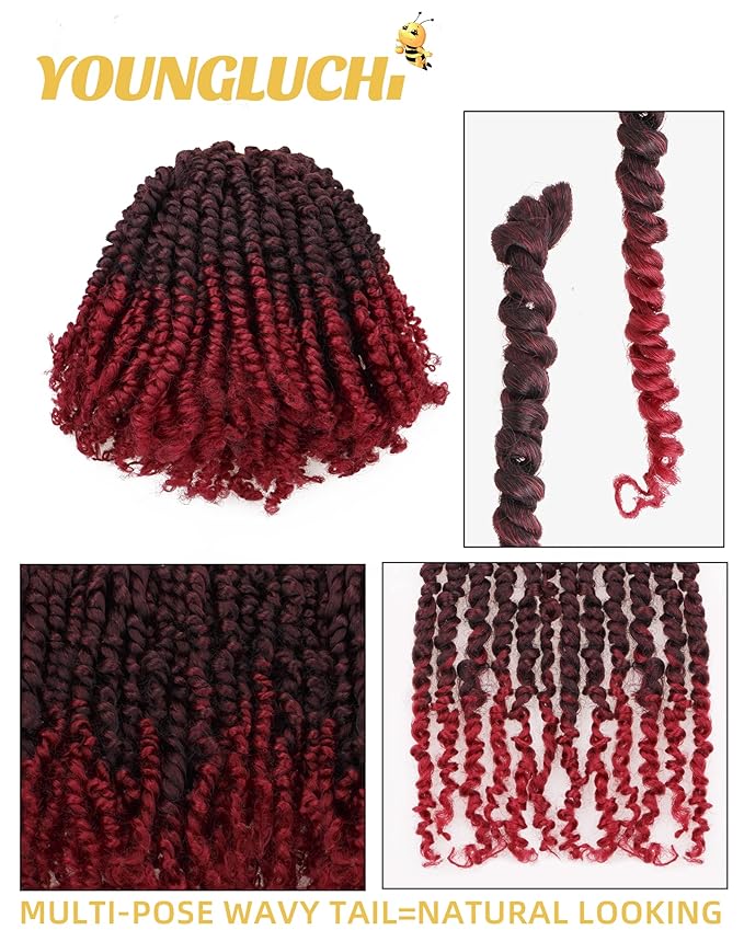 Super Short Passion Twist Crochet Hair for Black Women and Kids-6 Inch 7 Packs Ombre Burgundy Pre Looped Pre-twisted Passion Twist Hair,Bob Spring Kinky Twist Bohemian Curl(6"-7P,TBUG)
