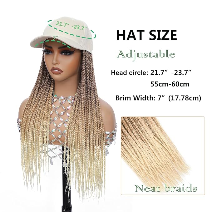 Hat Wig for Women Baseball Cap with blonde Braided Hair Attached 18inch long Synthetic Box Braid Wig Hat Adjustable Cap with ombre brown blonde light blonde Braids for Daily Outdoor Use