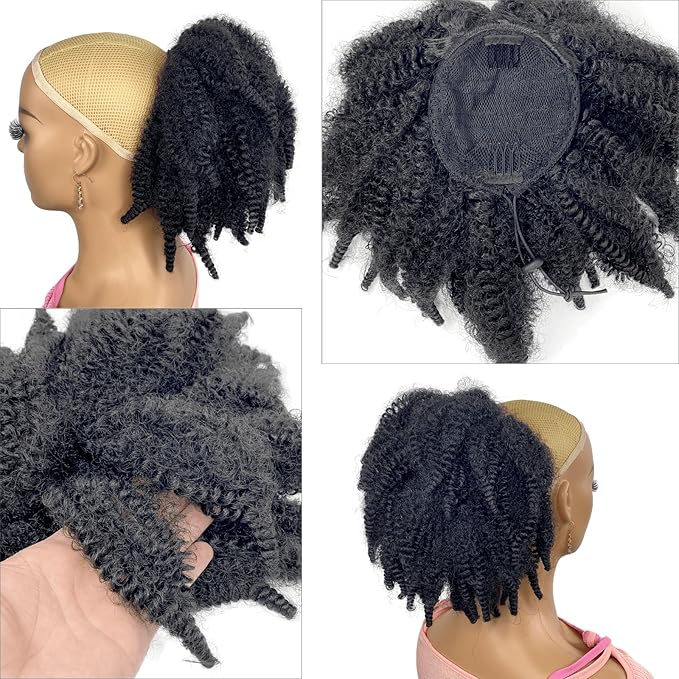 Short Marley Hair Drawstring Ponytail Black 4C Afro Puff Bun Braiding Ponytail Hair with Clips Synthetic Afro Kinky Curl Pony Tail Hairpiece for Black Women - Natural Black 12"
