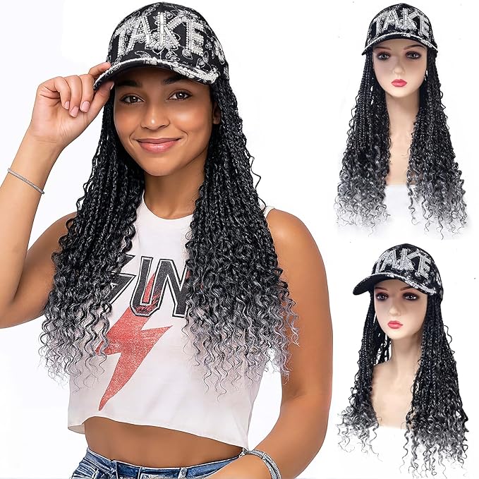 Hat Wig 16-Inch Crochet Goddess Braids Curly Ends, Ombre Dark Gray Boho Braids Crochet Hair Wigs for Women